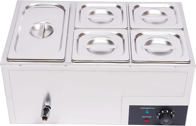 110V 5-Pan Commercial Food Warmer 600W Electric Steam Table 15cm/6inch Deep Professional Stainless Steel Buffet Bain Marie with Temperature Control for Catering and Restaurants (5-Pan)