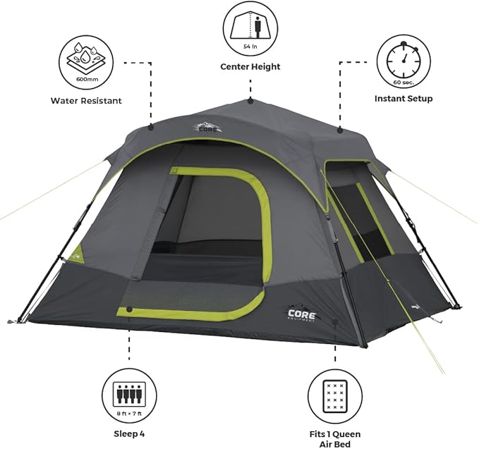 CORE 4 Person Instant Cabin Tent Camping Set | Includes 1 Pop Up Tent with 60 Second Setup 1 Outdoor Table &amp 2 Camp Chairs | Perfect for Family Car Camping with Included Carry Bag