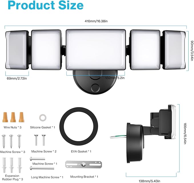 Olafus 130W Flood Light Outdoor Switch Controlled 13000LM LED Security Light IP65 Waterproof Outside Floodlight with 5 Adjustable Heads 6500K Exterior Flood Light Fixture Wired for House Yard Black