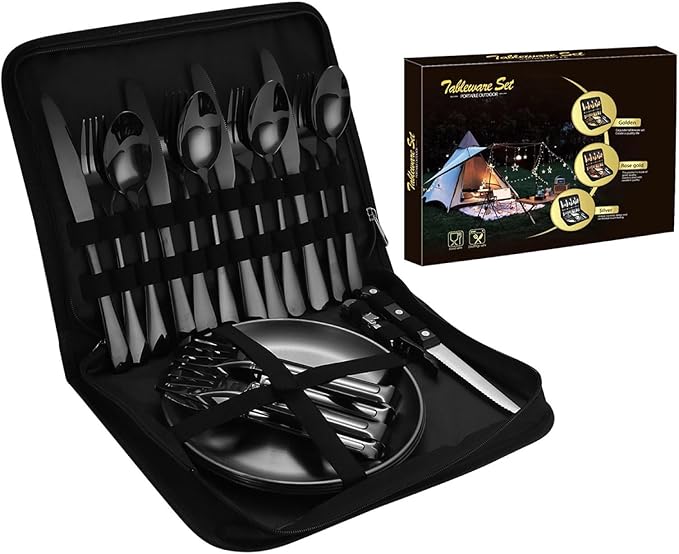 Camping Mess Kits with Portable Case Stainless Steel Outdoor Picnic Dinnerware Set with Plate Spoon Fork Knife Cloth Napkins