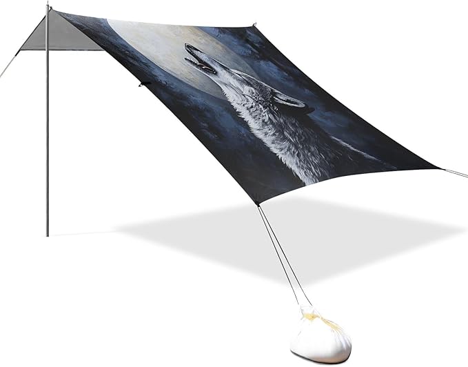ALAZA Wolf Moon at Night Beach Tent Sun Shelter UPF50+ Protection Beach Shade Canopy w/ 4 Sandbags for Outdoor Camping Fishing Backyard Fun Picnic 10x9 ft