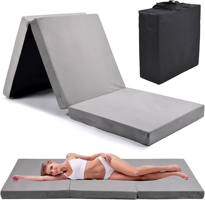 Memory Foam Foldable Mattress Trifold Floor Bed Mattress with Dust Cover Portable Waterproof Camping Pad Mat for Outdoor Sleeping Foldable for Travel Truck Bed Tent