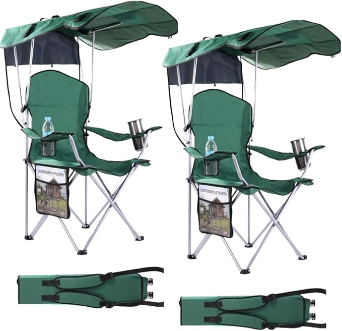 Portable Folding Camping Chairs with Canopy Shade Beach Chair for Adults Durable Weather Resistant 600D Oxford Cloth Camping Chair with Canopy for Outdoors [Green-2 Pack]