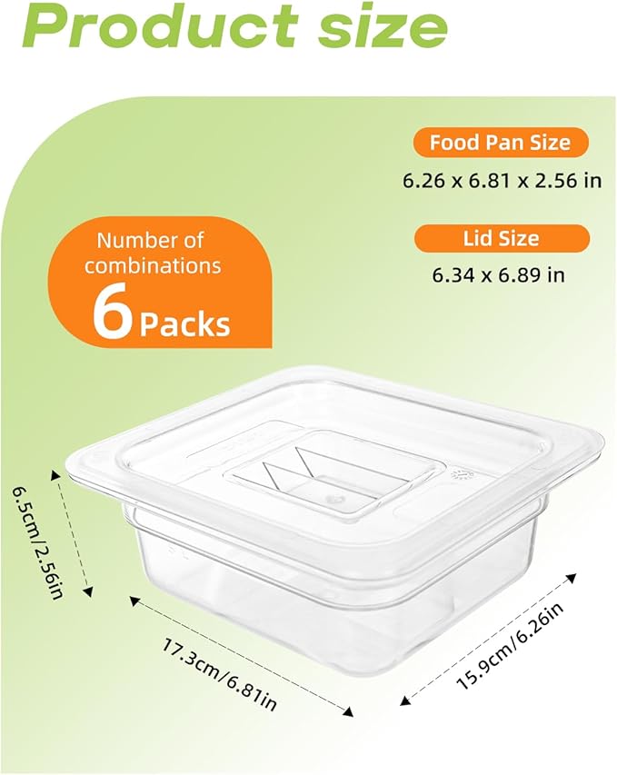 6 Pack Food Pan with Lids1/6 Size Shatterproof Stackable Plastic Hotel Food Pan for Party Catering Home kitchens Meal Prep-40°F to 212°F (1.1QT(1.1L) 1/6 size 2.5 deep)
