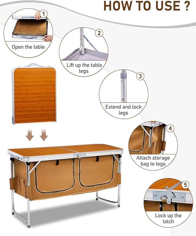 Outvita Folding Table 4FT Aluminum Camping Table with Large Storage Space and Adjustable Height Picnic Table Lightweight for Carring Outdoor Party Events Beach