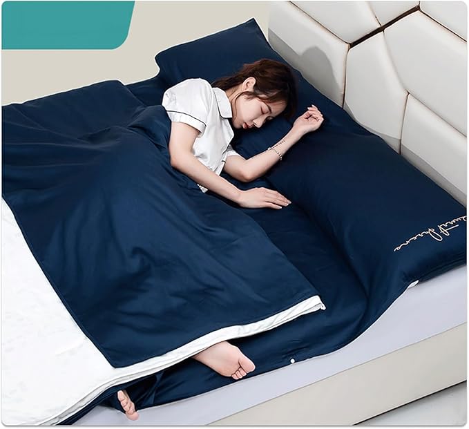 RUZGAR Sleeping Bag Liner Large Small Sized Travel Sheet 300 Thread Count Long Staple Cotton Ultra Lightweight Sleep Liner Single Double Travel Bed Sheet (Color : Blue B Size : 180x210cm-70x82)