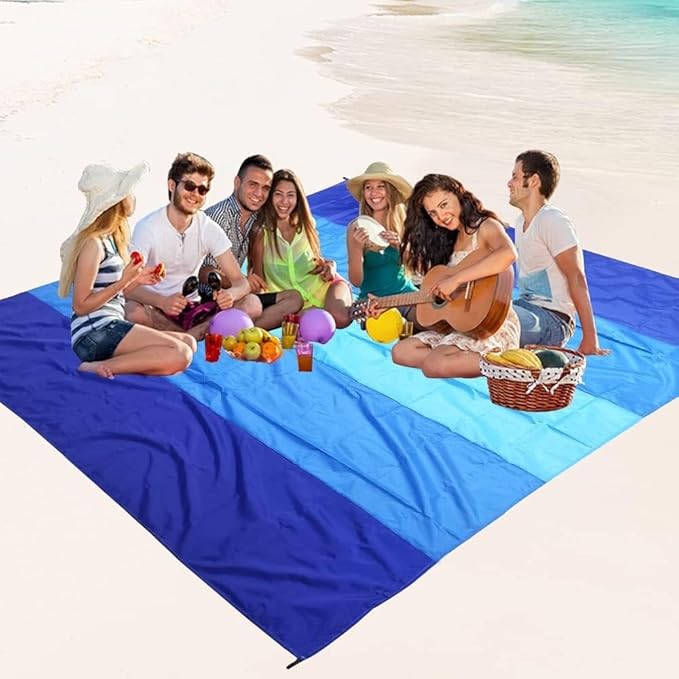 Beach Blanket with Stakes and Carrying Bag Extra Large 83x79 inches Waterproof Sand-Free Blue Stripes