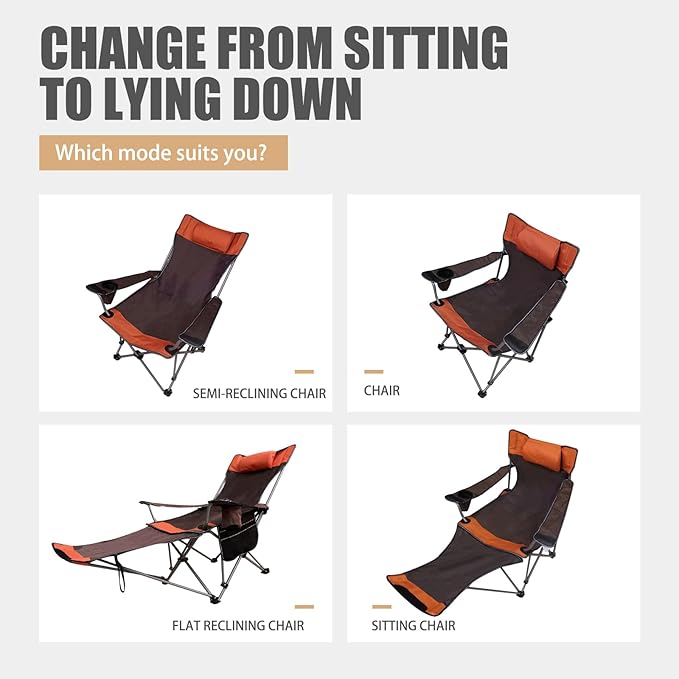 Reclining Camping Chair with Removable Footrest Adjustable Camping Lounge Beach Chair with Padded Headrest Cup Holder &amp Carry Bag Camp Chair with Foot Rest Lawn Chair for Outdoor Patio Orange