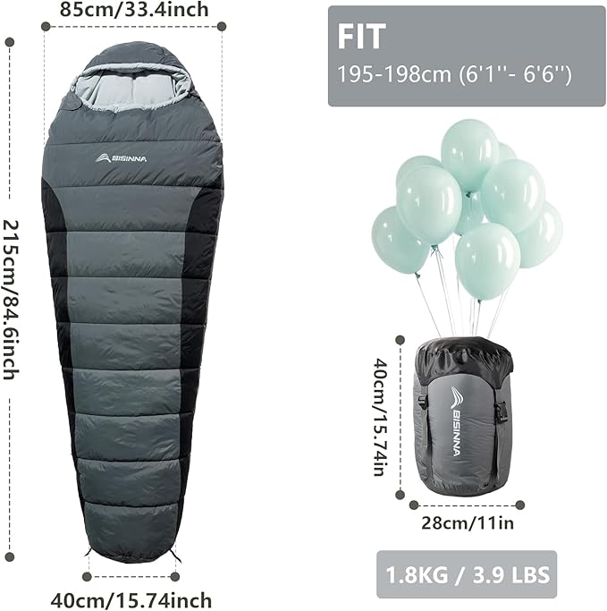 BISINNA Mummy Sleeping Bag for Adults 14-41℉ Cold Weather 3-4 Season Camping Sleeping Bags with Compression Sack for Backpacking Hiking Traveling