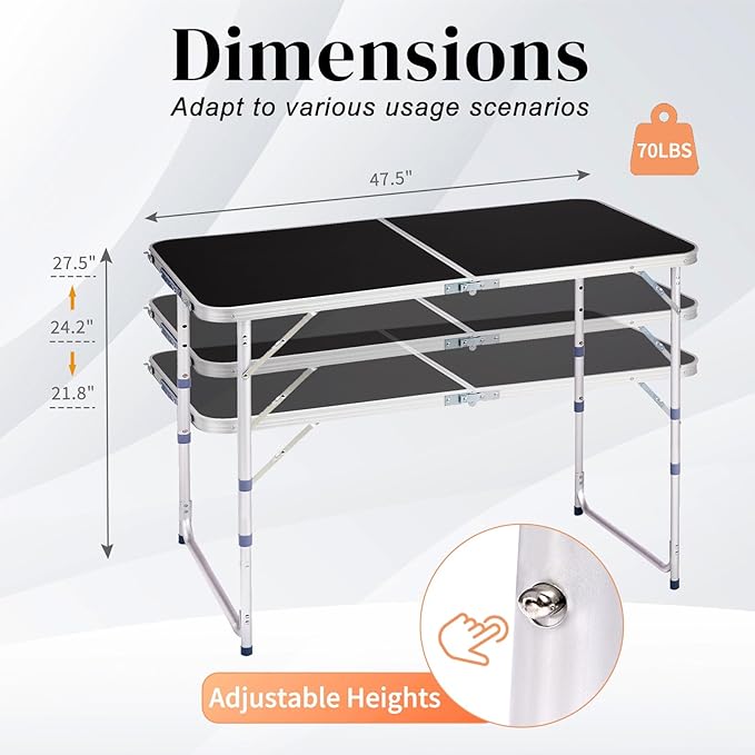 4.0 Ft Folding Portable Camping Table with Three Adjustable Heights RV Tables for Inside a Camper Outdoor BBQ Dining Picnic Cooking Beach Garden Black