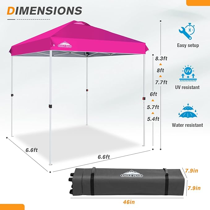 EAGLE PEAK Pop Up Canopy Tent with Wheeled Carry Bag 8 Stakes 4 Ropes Easy Set Up Tent Canopy 6.6x6.6 ft Pink