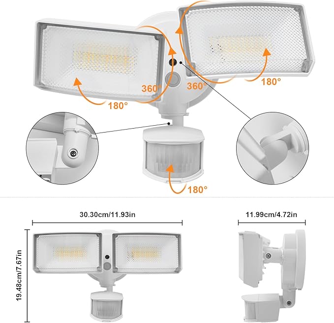 40W 4000 Lumen LED Security Lights with Motion Sensor Outdoor 3000K/5000K Light IP65 Waterproof Dusk to Dawn Dual-Head Motion Detected Flood Wall Light for Garage Yard Porch (White)