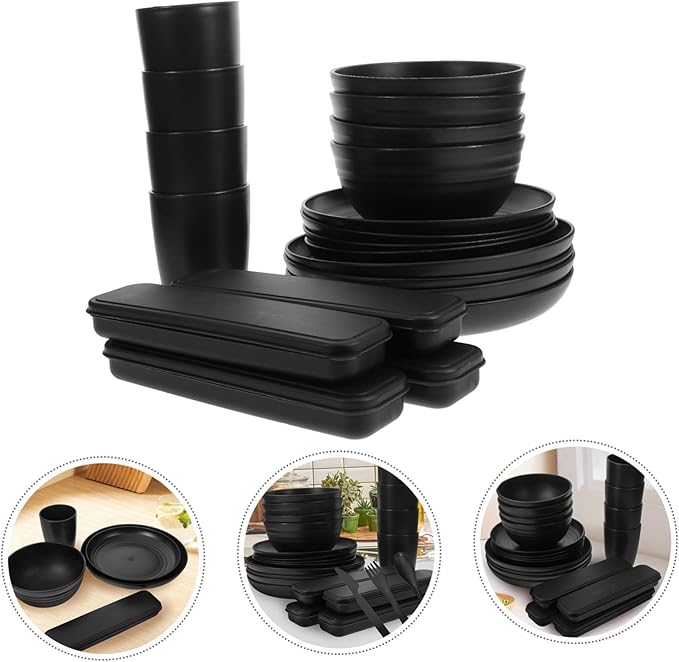 4sets Black Camping Dishes Utensil Picnic Lunch Box Fork Spoon Knife Bowl Cup Reusable Easy Clean Fine Dining