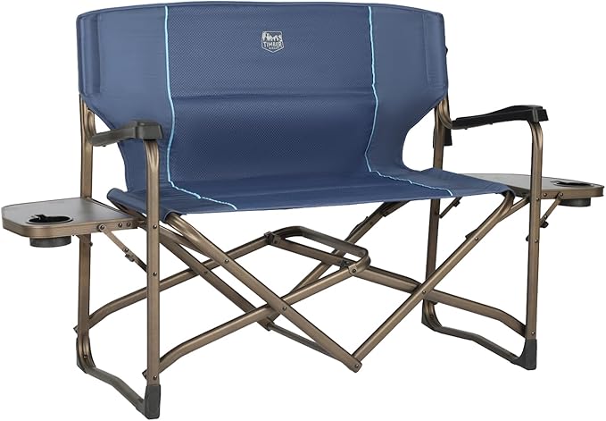 Timber Ridge Double Camping Chair Foldable Loveseat Directors Chairs Oversized Double Folding Camping Chairs with 2 Side Tables 2 Person Lawn Chair Heavy Duty Support 600 LBS for Outdoor Blue