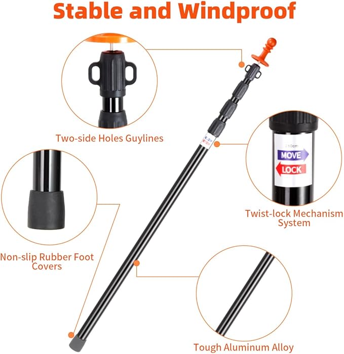 Heavy Duty Telescoping Tarp Poles Set of 4-4-Section Adjustable 3.1FT to 9.2FT Aviation Aluminum Tent Poles for Camping Awning Rain Fly Sun Shade Canopy with Stakes &amp Guylines