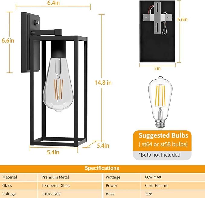 15'' Black Dusk to Dawn Outdoor Front Porch Lights for Outside Large Exterior Lighting Fixtures Wall Mount for House Wall Sconce Lamp Waterproof Lantern Coach Lights for Garage EntrywayYard