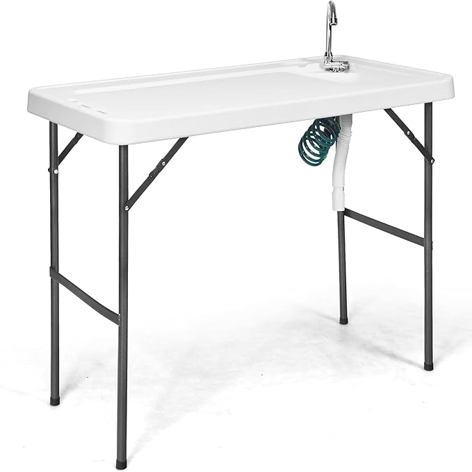 Goplus Folding Fish Cleaning Table with Sink and Spray Nozzle Heavy Duty Fillet Table with Hose Hook Up and Faucet Portable Outdoor Camping Sink Station for Dock Beach Patio Picnic