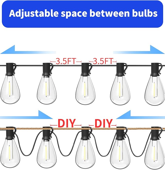 luckystyle 60FT LED Outdoor String Lights with 16+1 Edison Shatterproof Waterproof Bulbs 2700K Commercial Grade Patio Lights Heavy Duty Outside Hanging Outdoor Lights for Garden Porch Deck Decor