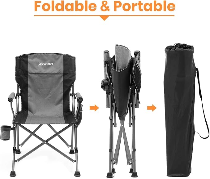 XGEAR Camping Chair with Padded Hard Armrest Sturdy Folding Camp Chair with Cup Holder Storage Pockets Carry Bag Included Support to 400 lbs