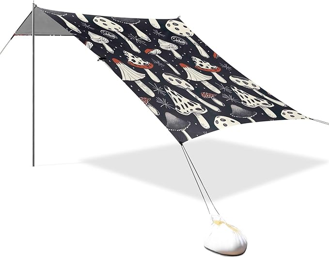 Mushrooms Black Beach Tent Sun Shelter 9.2' x 10.5' Beach Canopy with 4 Sandbags 4 Stability Poles Sand Shovels - Tent Canopy for Beach Camping Fishing Picnics