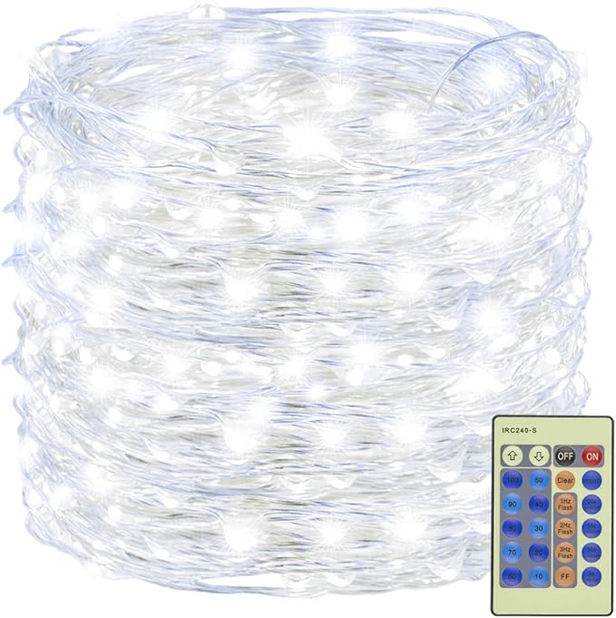 Decute 300LED 99FT Fairy String Lights Christmas Lights Silver Wire with Remote Firefly Starry Light for DIY Christmas Tree Costume Wedding Party Table Centerpiece Decor Cool White