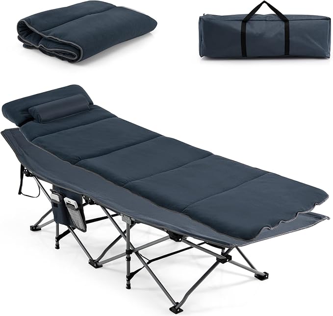 Goplus Camping Cot Folding Camping Cot with Mattress Pillow Carry Bag Storage Pocket Camping Bed Military Cot for Home Office Nap Hiking Heavy-Duty Portable Sleeping Cot for Adults Kids (Blue)