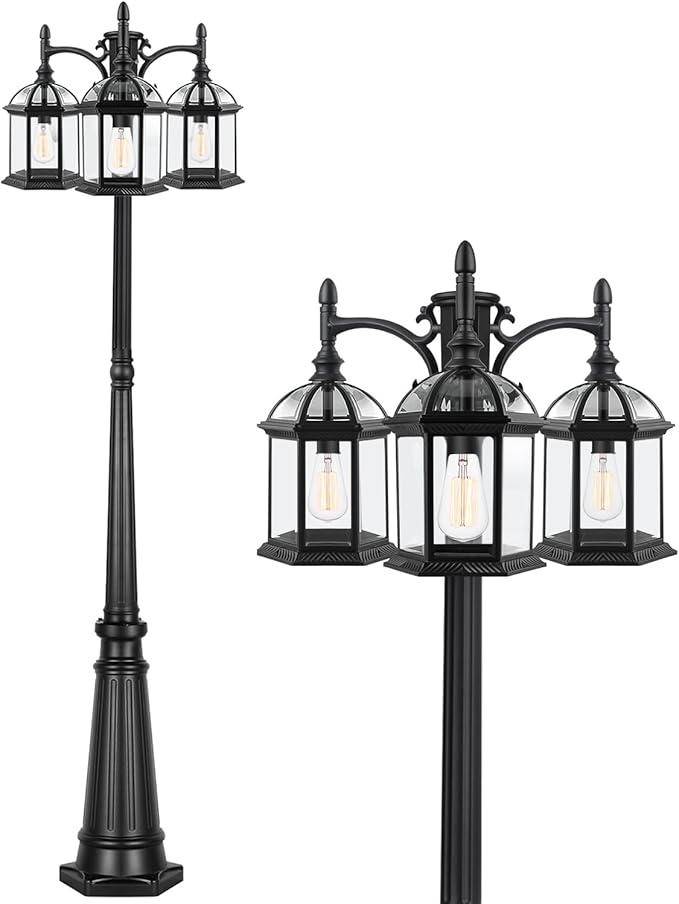 Aluminum Outdoor Lamp Post Birdcage Hardwired Street Light Post for Outside 3-Head Pole Light Modern Lamp Post Outdoor Lighting with Clear Glass Panels for Garden Patio Backyard Walkway Driveway