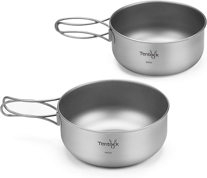 Tentock Titanium Bowls Set 500ml+600ml Ultralight Camping Cookware Outdoor Utensils with Folding Handle