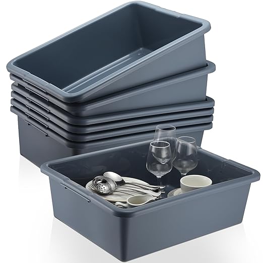 6 Pcs Commercial Bus Tubs 21.1 L x 16.9 w x 6.6 h Large Plastic Tubs Heavy Duty Wash Basin Tote Box for Restaurant Home Hotel Kitchen Organization Storage(Gray)
