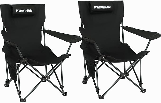 Oversized Camping Folding Chair Camp Chairs for Adults Heavy Duty Beach Chair Foldable Lawn Chairs XL Chair Heavy Duty Big and Tall Camping Chair (2 Black Oversized)