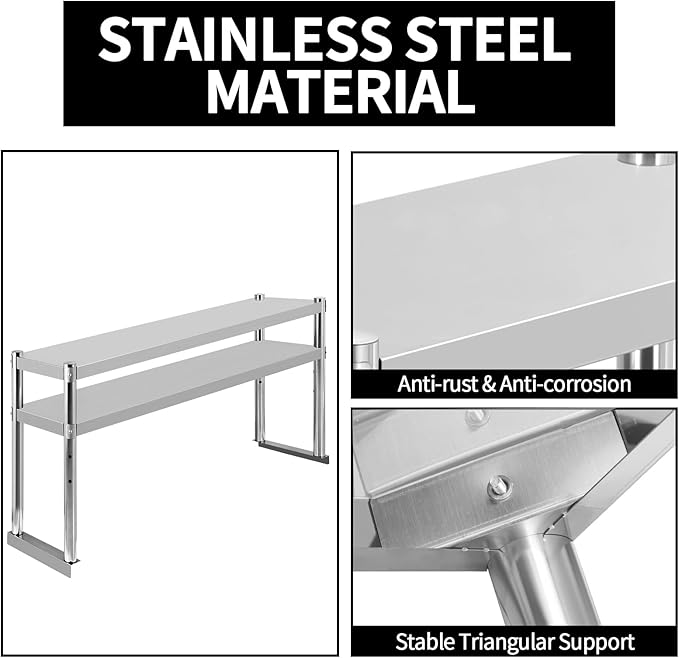 Stainless Steel Double Overshelf 60''L x 12''W Commercial 2 Tier Overshelf Height Adjustable Overshelf for Prep Work Table in Kitchen Restaurant