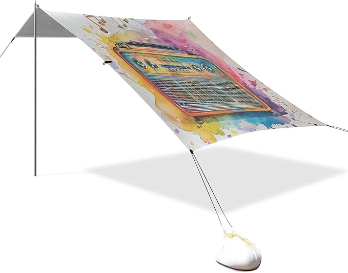 ALAZA Music Note Rainbow Radio Beach Tent Sun Shelter UPF50+ Protection Beach Shade Canopy w/ 4 Sandbags for Outdoor Camping Fishing Backyard Fun Picnic 10x9 ft