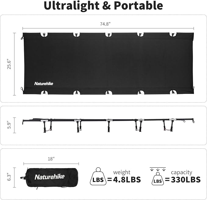 Naturehike Ultralight Camping Cot Easy to Assemble Folding Tent Cot Compact &amp Protable Camping Bed for Camping Mountaineering &amp Hiking Supports 330lbs with Carry Bag GreenWild Dark Black