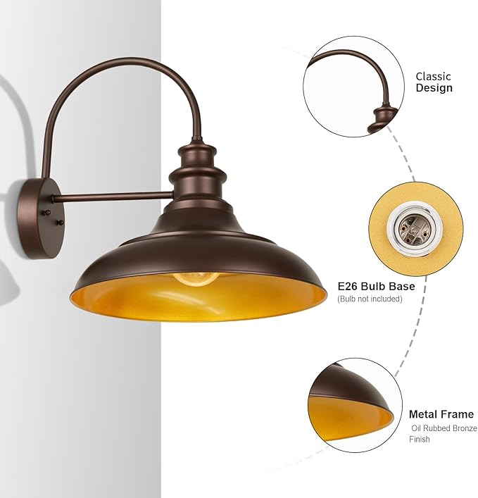 Outdoor Barn Light Fixtures 16 Inch Large Dome Farmhouse Exterior Wall Mount Lights Rustic Wall Sconces Indoor Wall Lighting Industrial Bronze Gold Lanterns for Porch Garage2 Pack