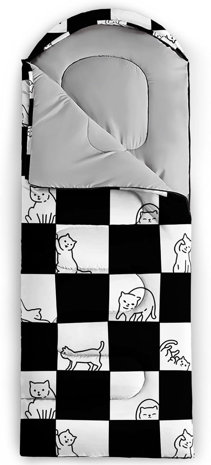 Kids Sleeping Bag for Boys GirlsCheckerboard Cat Print-Lightweight Warm Portable Outdoor Indoor-Waterproof Cold Weather Resistant Sleeping Bag for Camping Hiking