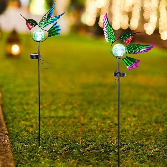 Hummingbird Solar Garden Lights with Stake 2 PackBird Pathway Solar Outdoor Crackle Glass Globe Light for GardenWalkwayPathwayYardLawn