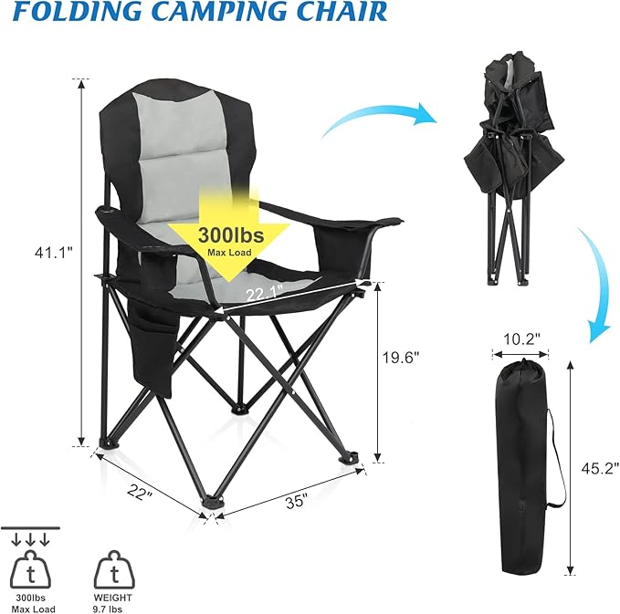 VINGLI Outdoor Padded Camping Chair with Cooler Cup Holder Side Pocket Portable Tailgate Chairs for Adults Folding Lawn Chair with Carry Bag Support 400lbs
