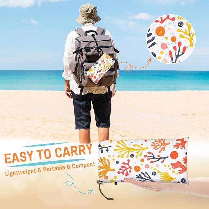 Waterproof Sandproof Beach Blanket 59''×68'' Ocean Seaweed Polyester Outdoor Picnic Blanket with 4 Stakes &amp Storage Bag for BeachCampingVacation White