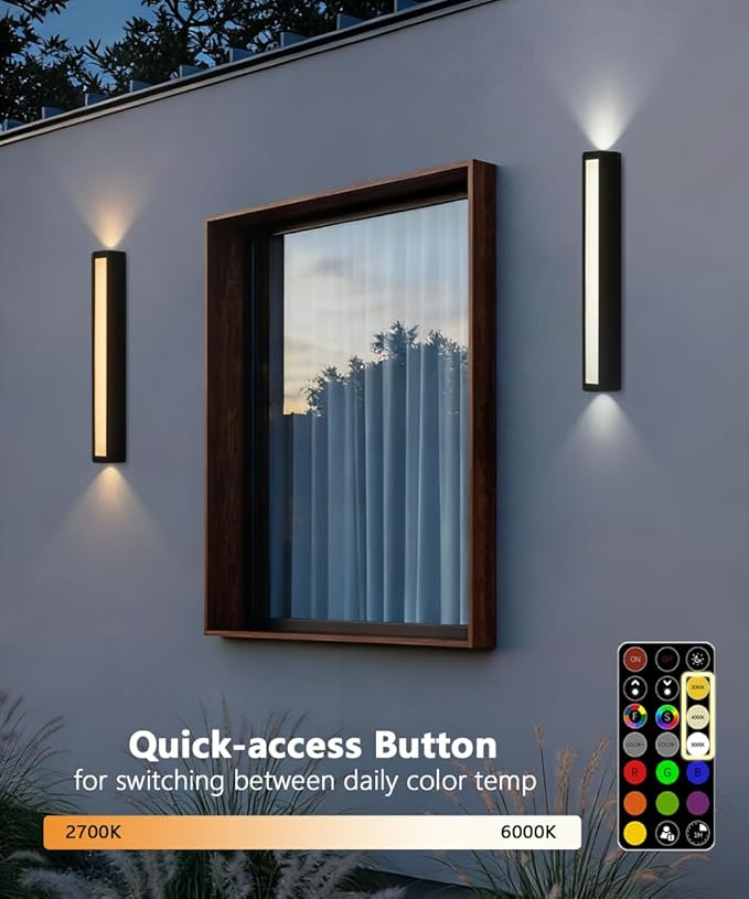 RGB Outdoor Wall Lights 23.6” LED Long Exterior Porch Sconce Lights Wall Mount Up and Down Patio Lighting Fixtures with Remote Control for House Garage 1 Pack