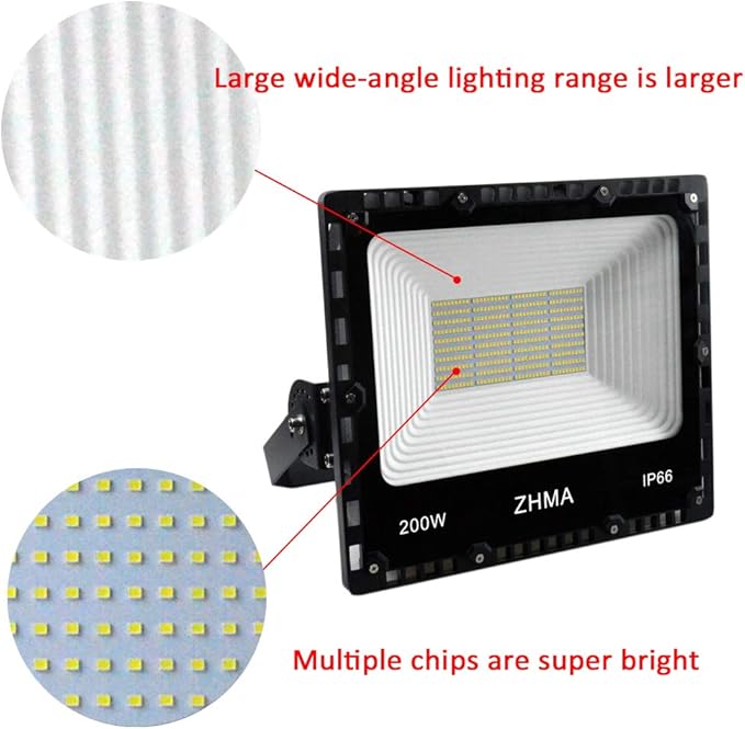 200W LED Flood Light Outdoor 20000lm Super Bright Work Lights IP66 Waterproof Security Light with Plug &amp Switch 6500K White Spotlight for Garden Yard Garage Basketball Court Lighting