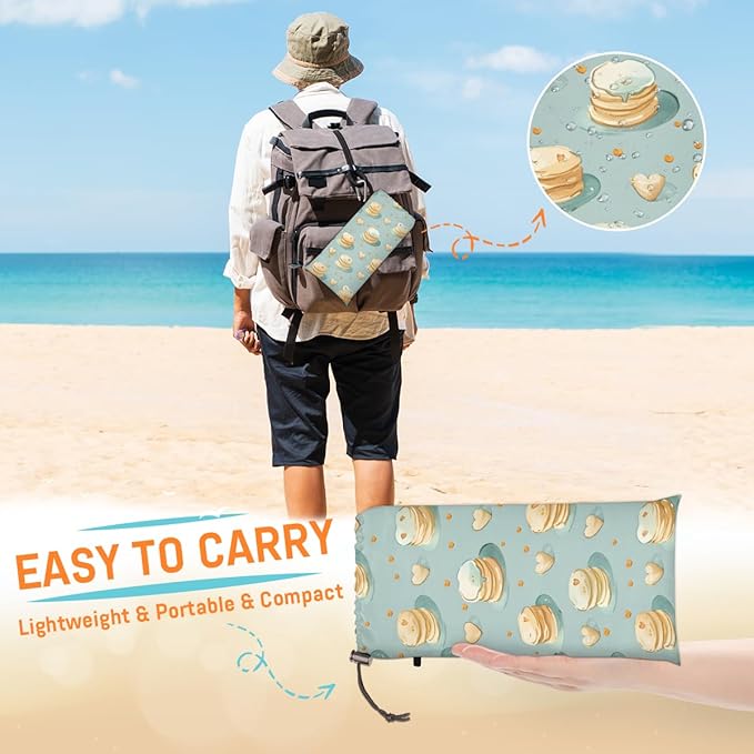 Waterproof Sandproof Beach Blanket 59''×68'' Food Biscuits Polyester Outdoor Picnic Blanket with 4 Stakes &amp Storage Bag for BeachCampingVacation Light Green