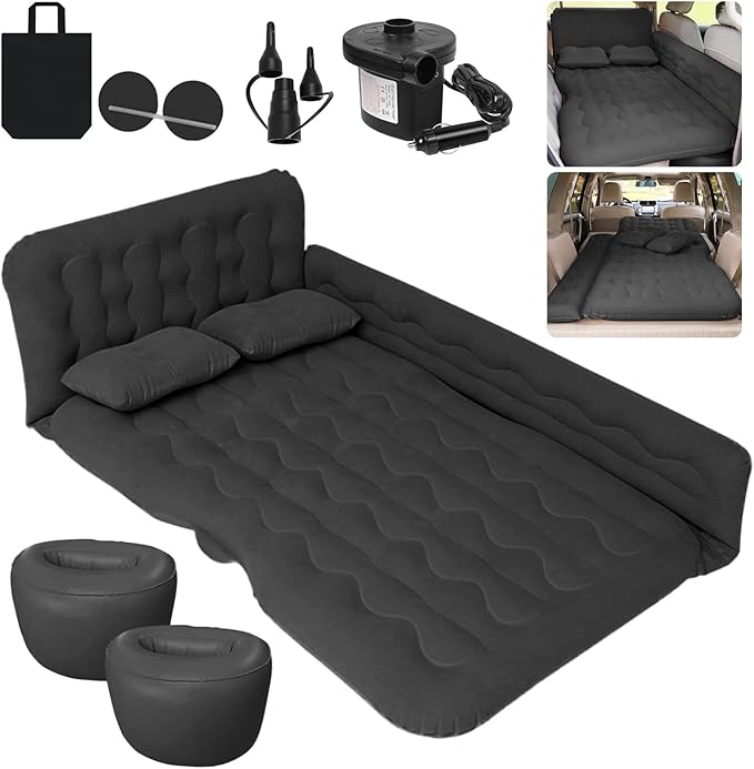 ISWEES Car Bed SUV Air Mattress Car Air Mattress with Electric Pump 2 Inflatable Pillows and 2 Footrests for Back Seat Side SeatTrunk Sleeping Thickened Camping Bed - Black