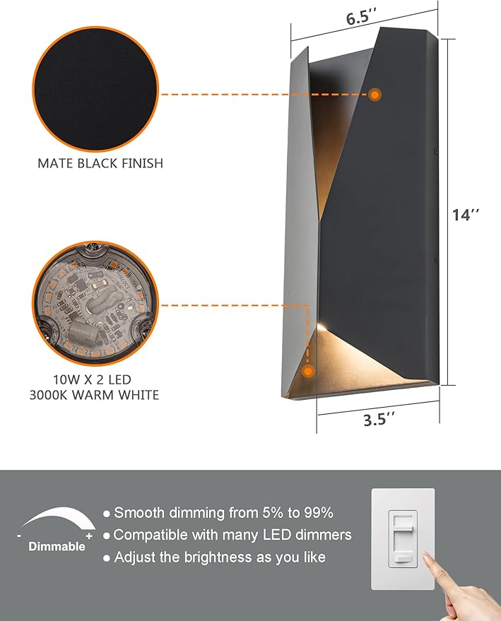 Modern Outdoor Wall Lights Exterior Black Dimmable LED Wall Sconce 14 Inch Front Porch Light Fixture Wall Mount Waterproof Patio Sconce Lighting for House Commercial 2-Pack