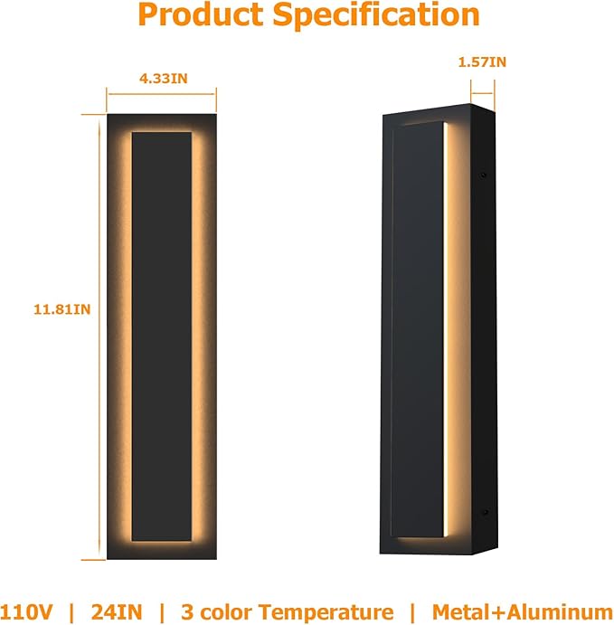 Picico 12in Modern LED Outdoor Wall Lights Dimmable Black Exterior Wall Sconce Lighting Fixtures Rectangular Mini Outdoor Garage Lights 360° Beam AngleVertical Outdoor Lights for House Porch