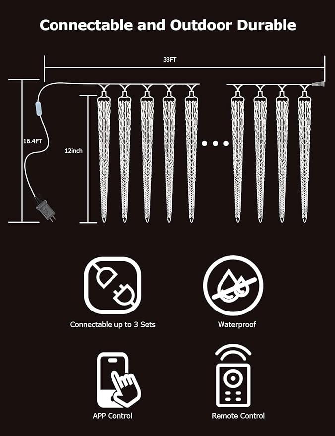 Smart Christmas Icicle Lights for Outside 33FT 20 Tubes RGBW LED Icicle Christmas Lights Outdoor App Remote Controlled DIY Dynamic Effects and 50+ Scenes for House Roof Decorations