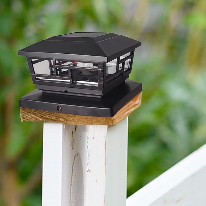 Ceybo Solar Post Cap Lights 2-Pack 3.9 9 Lumens Warm White Outdoor Waterproof LED Fence Cap Lights for 4x4 Wooden Posts Deck Yard or Gate Dusk to Dawn Auto On/Off (Black)