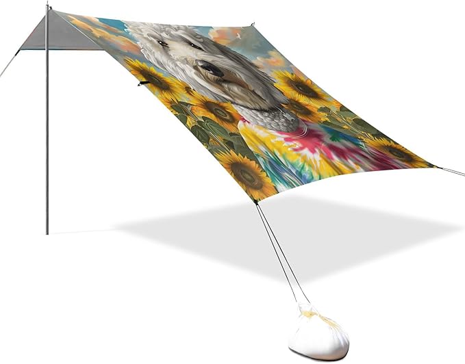ALAZA White Dog and Sunflower Beach Tent Sun Shelter UPF50+ Protection Beach Shade Canopy w/ 4 Sandbags for Outdoor Camping Fishing Backyard Fun Picnic 10x9 ft