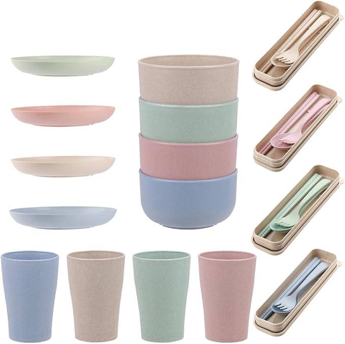HOMSFOU 28pcs Portable Tableware Set with Reusable Spoons Drink Cups Chopsticks and Plates Smooth Food Bowls for Camping Household and Travel Use