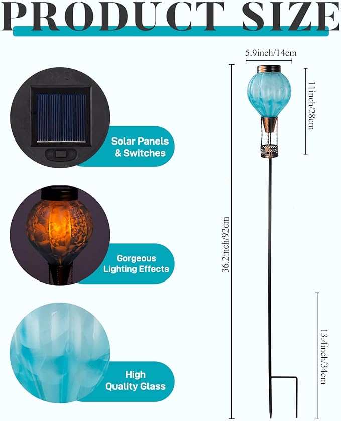 Solar Garden Lights Outdoor with Hot Air Balloon Stake Garden Lights Solar Waterproof Flickering Lantern Lawn Pathway Patio Decor（Blue）