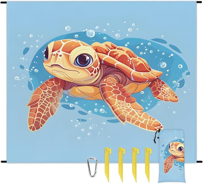 Waterproof Sandproof Beach Blanket 59''×68'' Turtle Polyester Outdoor Picnic Blanket with 4 Stakes &amp Storage Bag for BeachCampingVacation Orange